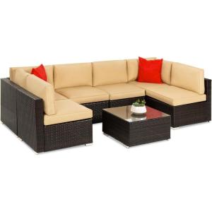 imageBest Choice Products 7Piece Modular Outdoor Sectional Wicker Patio Conversation Set w 2 Pillows Coffee Table Cover Included  TaupePistachioBrownTan