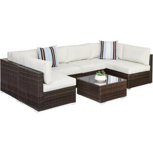 imageBest Choice Products 7Piece Modular Outdoor Sectional Wicker Patio Conversation Set w 2 Pillows Coffee Table Cover Included  TaupePistachioBrownWhite Sand