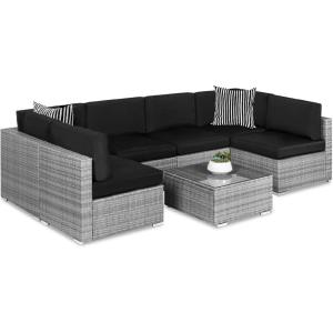imageBest Choice Products 7Piece Modular Outdoor Sectional Wicker Patio Conversation Set w 2 Pillows Coffee Table Cover Included  TaupePistachioGrayBlack