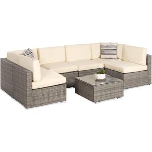 imageBest Choice Products 7Piece Modular Outdoor Sectional Wicker Patio Conversation Set w 2 Pillows Coffee Table Cover Included  TaupePistachioGrayCream