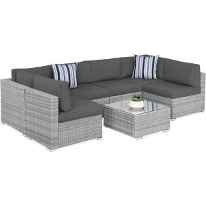 imageBest Choice Products 7Piece Modular Outdoor Sectional Wicker Patio Conversation Set w 2 Pillows Coffee Table Cover Included  TaupePistachioGrayGray
