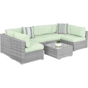 imageBest Choice Products 7Piece Modular Outdoor Sectional Wicker Patio Conversation Set w 2 Pillows Coffee Table Cover Included  TaupePistachioGrayLight Mint