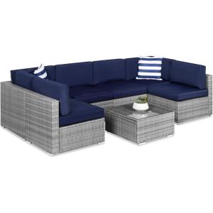 imageBest Choice Products 7Piece Modular Outdoor Sectional Wicker Patio Conversation Set w 2 Pillows Coffee Table Cover Included  TaupePistachioGrayNavy