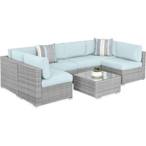 imageBest Choice Products 7Piece Modular Outdoor Sectional Wicker Patio Conversation Set w 2 Pillows Coffee Table Cover Included  TaupePistachioGrayPastel Blue