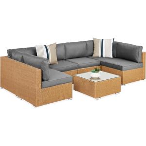 imageBest Choice Products 7Piece Modular Outdoor Sectional Wicker Patio Conversation Set w 2 Pillows Coffee Table Cover Included  TaupePistachioNaturalCement Gray