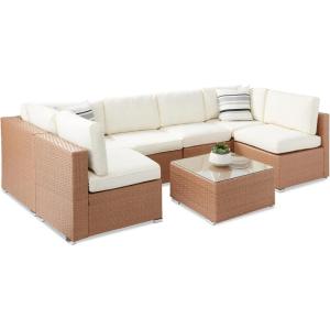 imageBest Choice Products 7Piece Modular Outdoor Sectional Wicker Patio Conversation Set w 2 Pillows Coffee Table Cover Included  TaupePistachioNaturalIvory