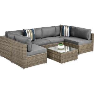 imageBest Choice Products 7Piece Modular Outdoor Sectional Wicker Patio Conversation Set w 2 Pillows Coffee Table Cover Included  TaupePistachioTaupeCement Gray