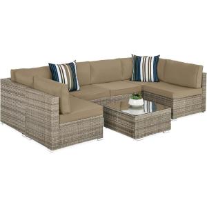imageBest Choice Products 7Piece Modular Outdoor Sectional Wicker Patio Conversation Set w 2 Pillows Coffee Table Cover Included  TaupePistachioTaupeDesert