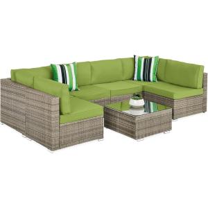 imageBest Choice Products 7Piece Modular Outdoor Sectional Wicker Patio Conversation Set w 2 Pillows Coffee Table Cover Included  TaupePistachioTaupePistachio