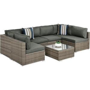imageBest Choice Products 7Piece Modular Outdoor Sectional Wicker Patio Conversation Set w 2 Pillows Coffee Table Cover Included  TaupePistachioTaupeSlate Green