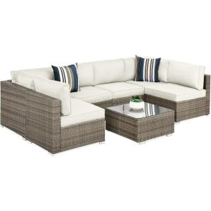 imageBest Choice Products 7Piece Modular Outdoor Sectional Wicker Patio Conversation Set w 2 Pillows Coffee Table Cover Included  TaupePistachioTaupeWhite Sand