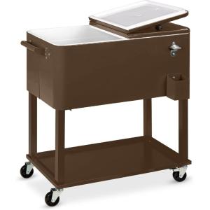 imageBest Choice Products 80Quart Outdoor Steel Rolling Cooler Cart wIce Chest Bottle Opener Catch Tray Drain Plug Locking WheelsBrown