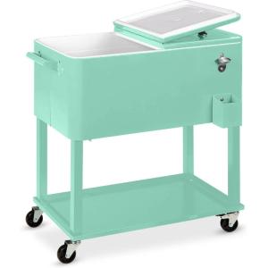 imageBest Choice Products 80Quart Outdoor Steel Rolling Cooler Cart wIce Chest Bottle Opener Catch Tray Drain Plug Locking WheelsMint