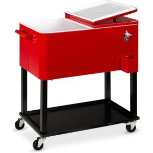 imageBest Choice Products 80Quart Outdoor Steel Rolling Cooler Cart wIce Chest Bottle Opener Catch Tray Drain Plug Locking WheelsRed