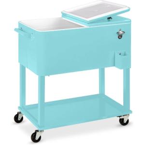 imageBest Choice Products 80Quart Outdoor Steel Rolling Cooler Cart wIce Chest Bottle Opener Catch Tray Drain Plug Locking WheelsTurquoise