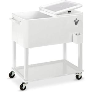 imageBest Choice Products 80Quart Outdoor Steel Rolling Cooler Cart wIce Chest Bottle Opener Catch Tray Drain Plug Locking WheelsWhite