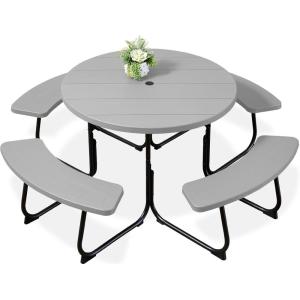 imageBest Choice Products 8Person Outdoor Bench Patio Picnic Table Circular w 4 Builtin Benches and Umbrella Hole 2000lb Capacity  GreenLight Gray