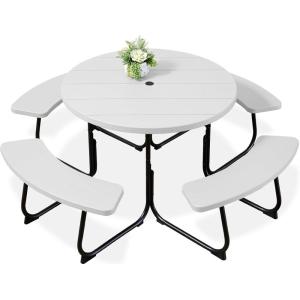 imageBest Choice Products 8Person Outdoor Bench Patio Picnic Table Circular w 4 Builtin Benches and Umbrella Hole 2000lb Capacity  GreenWhite