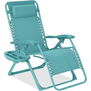 imageBest Choice Products Adjustable Zero Gravity Chair Monochromatic Color Folding Patio Recliner wSide Tray Headrest  SeafoamCaribbean