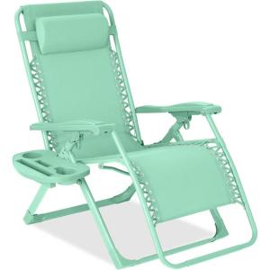 imageBest Choice Products Adjustable Zero Gravity Chair Monochromatic Color Folding Patio Recliner wSide Tray Headrest  SeafoamMint