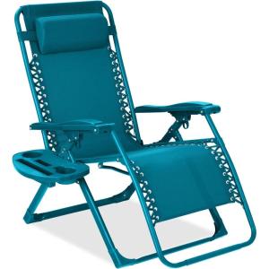 imageBest Choice Products Adjustable Zero Gravity Chair Monochromatic Color Folding Patio Recliner wSide Tray Headrest  SeafoamPeacock