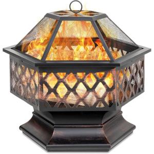 imageBest Choice Products HexShaped 24in Steel Fire Pit Black Metal Wood Burning Firepit Portable Hexagon Fire Bowl for Outside Patio Backyard wFlameRetardant Mesh Lid