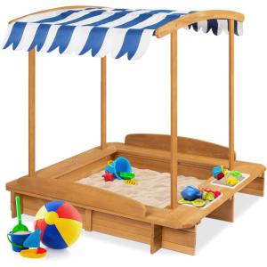 imageBest Choice Products Kids Wooden Cabana Sandbox Play Station for Children Outdoor Backyard w 2 Bench Seats UVResistant Canopy Shade Fabric Sandpit Cover 2 Side Buckets  Natural