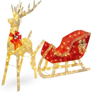 imageBest Choice Products Lighted Christmas 4ft Reindeer ampamp Sleigh Outdoor Yard Decoration Set w 205 LED Lights Stakes Zip Ties  WhiteGold