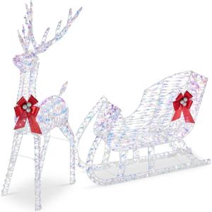 imageBest Choice Products Lighted Christmas 4ft Reindeer ampamp Sleigh Outdoor Yard Decoration Set w 205 LED Lights Stakes Zip Ties  WhiteIridescent