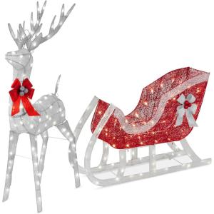 imageBest Choice Products Lighted Christmas 4ft Reindeer ampamp Sleigh Outdoor Yard Decoration Set w 205 LED Lights Stakes Zip Ties  WhiteSilver