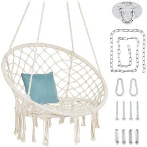 imageBest Choice Products Macram Hanging Chair Handwoven Cotton Hammock Swing for Indoor ampamp Outdoor Use wMounting Hardware Backrest 265lb Capacity  BeigeBeige