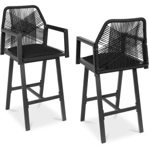 imageBest Choice Products Outdoor Bar Stools Set of 2 Bar Height 360 Swivel Aluminum Frame AllWeather Woven Rope Chair Design wArmrests  GrayMeteorBlackObsidian