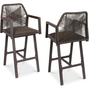 imageBest Choice Products Outdoor Bar Stools Set of 2 Bar Height 360 Swivel Aluminum Frame AllWeather Woven Rope Chair Design wArmrests  GrayMeteorBrownMocha