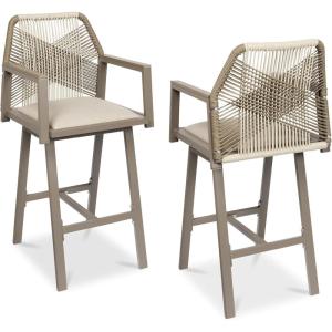 imageBest Choice Products Outdoor Bar Stools Set of 2 Bar Height 360 Swivel Aluminum Frame AllWeather Woven Rope Chair Design wArmrests  GrayMeteorTaupeSandstorm