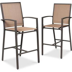 imageBest Choice Products Outdoor Bar Stools Set of 2 Bar Height Patio Furniture All Weather Mesh Design wArmrest  BlackNavyBrownLight Brown