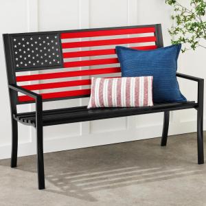 imageBest Choice Products Outdoor Bench 2Person Steel IndoorOutdoor Bench for Garden Patio Porch Entryway wAmerican Flag 790lb Capacity  BlackWoodBlackRed