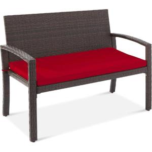 imageBest Choice Products Outdoor Bench 2Person Wicker Garden Patio Benches Seating Furniture for Backyard Porch wSeat Cushion 700lb Capacity  BrownRedBrownRed