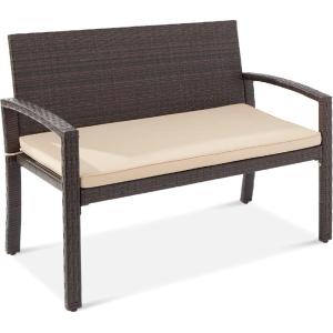 imageBest Choice Products Outdoor Bench 2Person Wicker Garden Patio Benches Seating Furniture for Backyard Porch wSeat Cushion 700lb Capacity  BrownRedBrownTan