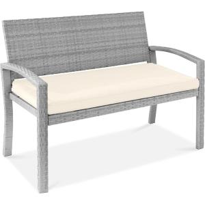 imageBest Choice Products Outdoor Bench 2Person Wicker Garden Patio Benches Seating Furniture for Backyard Porch wSeat Cushion 700lb Capacity  BrownRedCreamGray