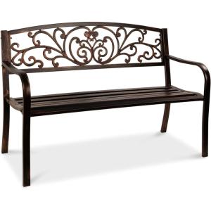 imageBest Choice Products Outdoor Bench Steel Garden Patio Porch Furniture for Lawn Park Deck wFloral Design Backrest Slatted Seat  BrownBrown