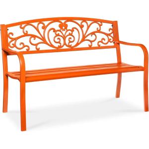 imageBest Choice Products Outdoor Bench Steel Garden Patio Porch Furniture for Lawn Park Deck wFloral Design Backrest Slatted Seat  BrownCarrot