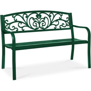 imageBest Choice Products Outdoor Bench Steel Garden Patio Porch Furniture for Lawn Park Deck wFloral Design Backrest Slatted Seat  BrownDark Green