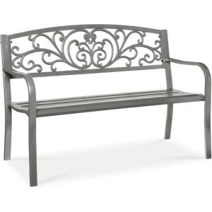 imageBest Choice Products Outdoor Bench Steel Garden Patio Porch Furniture for Lawn Park Deck wFloral Design Backrest Slatted Seat  BrownGrey