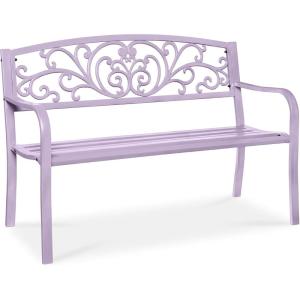 imageBest Choice Products Outdoor Bench Steel Garden Patio Porch Furniture for Lawn Park Deck wFloral Design Backrest Slatted Seat  BrownLavender