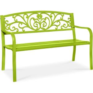 imageBest Choice Products Outdoor Bench Steel Garden Patio Porch Furniture for Lawn Park Deck wFloral Design Backrest Slatted Seat  BrownLime Green