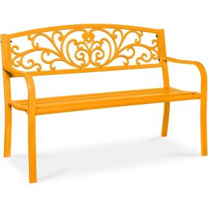 imageBest Choice Products Outdoor Bench Steel Garden Patio Porch Furniture for Lawn Park Deck wFloral Design Backrest Slatted Seat  BrownMarigold