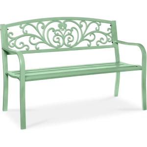 imageBest Choice Products Outdoor Bench Steel Garden Patio Porch Furniture for Lawn Park Deck wFloral Design Backrest Slatted Seat  BrownMint Green