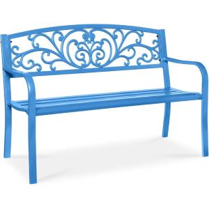 imageBest Choice Products Outdoor Bench Steel Garden Patio Porch Furniture for Lawn Park Deck wFloral Design Backrest Slatted Seat  BrownOcean Blue
