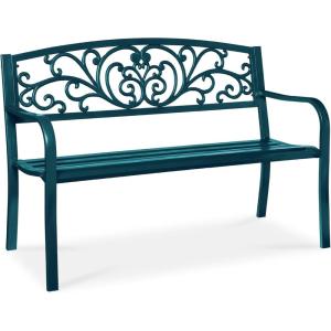 imageBest Choice Products Outdoor Bench Steel Garden Patio Porch Furniture for Lawn Park Deck wFloral Design Backrest Slatted Seat  BrownPeacock Blue