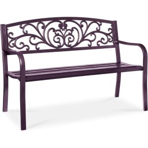 imageBest Choice Products Outdoor Bench Steel Garden Patio Porch Furniture for Lawn Park Deck wFloral Design Backrest Slatted Seat  BrownPurple